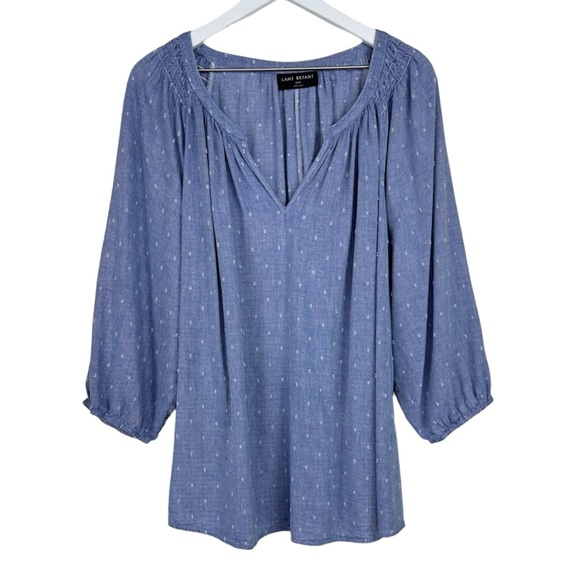 Lane Bryant Classic Split Neck 3/4 Sleeve Smock Blouse Chambray Size 26/28 - Picture 2 of 13